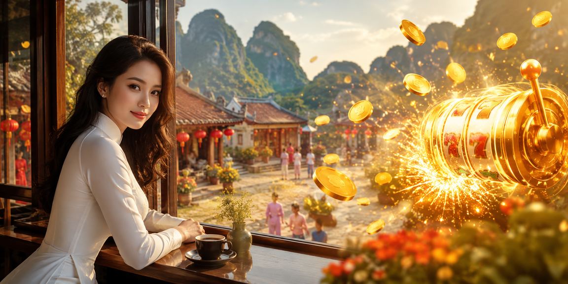 Người chơi mặc áo dài trải nghiệm slot game trực tuyến tại vùng núi Ninh Bình