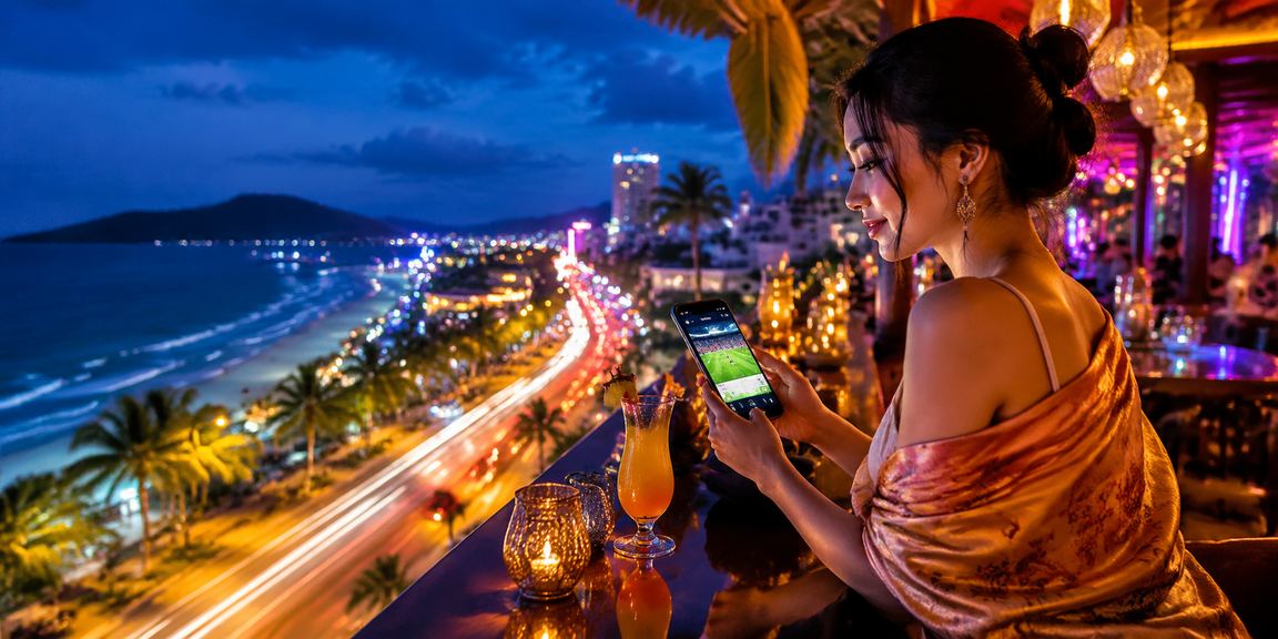 Không gian cá cược thể thao neon sống động tại đảo Phú Quốc về đêm